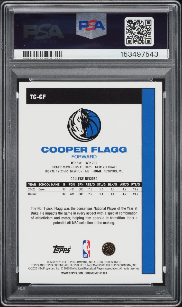2025 Topps Chrome Silver Pack Cooper Flagg ROOKIE #TC-CF PSA 10 GEM MINT