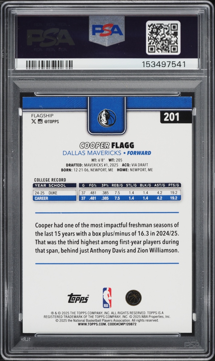 2025 Topps Rainbow Foilboard Cooper Flagg ROOKIE #201 PSA 10 GEM MINT