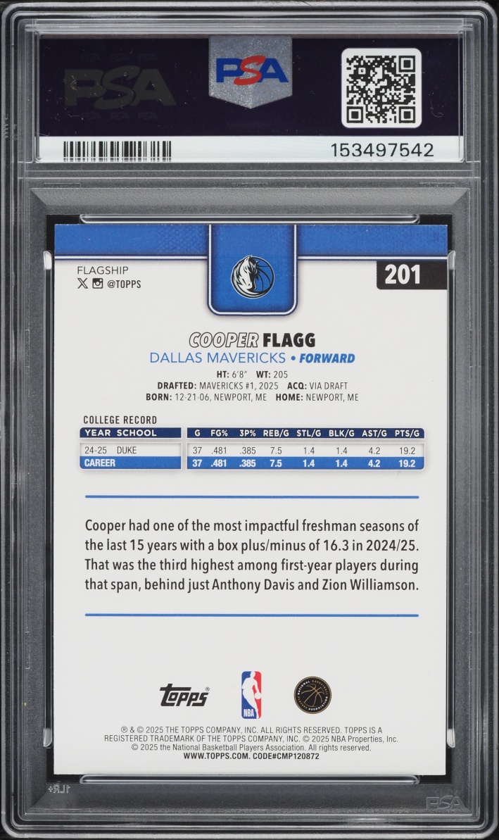 2025 Topps Holo Foil Cooper Flagg ROOKIE #201 PSA 9 MINT
