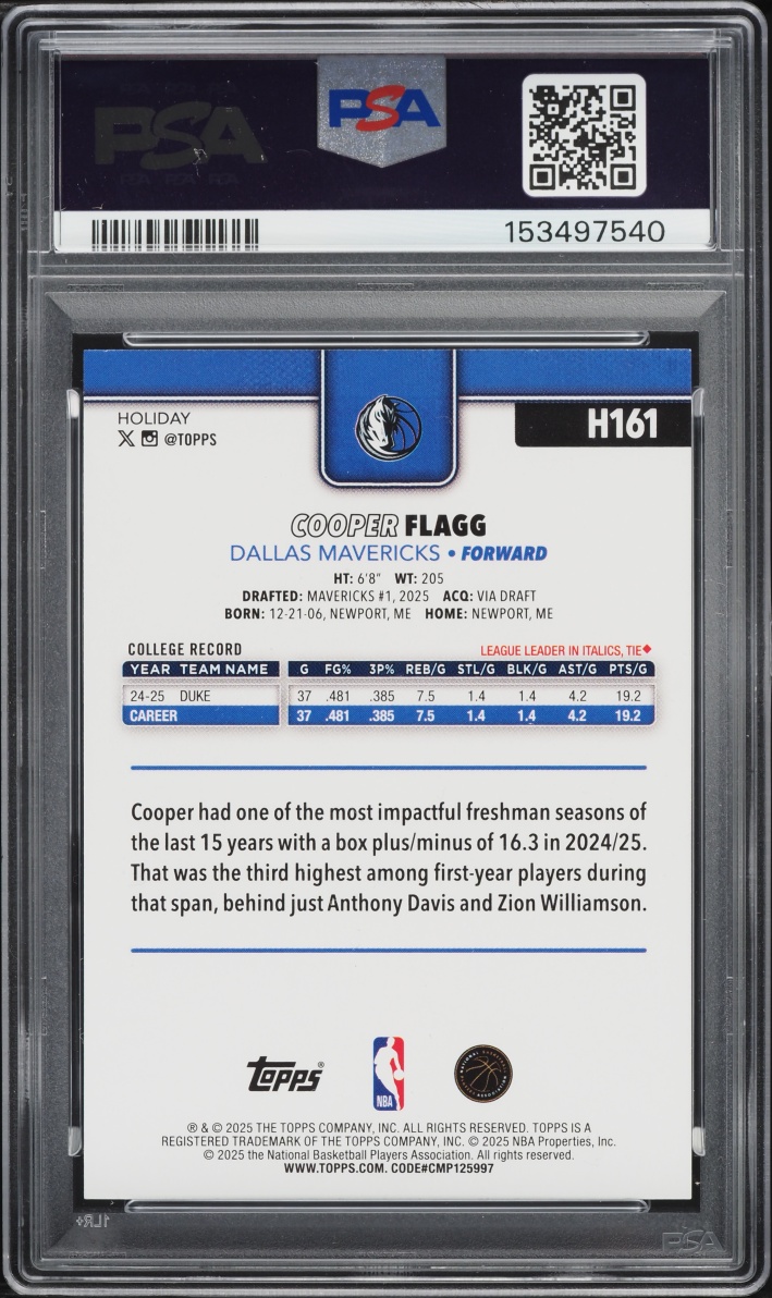 2025 Topps Holiday Cooper Flagg ROOKIE #H161 PSA 9 MINT