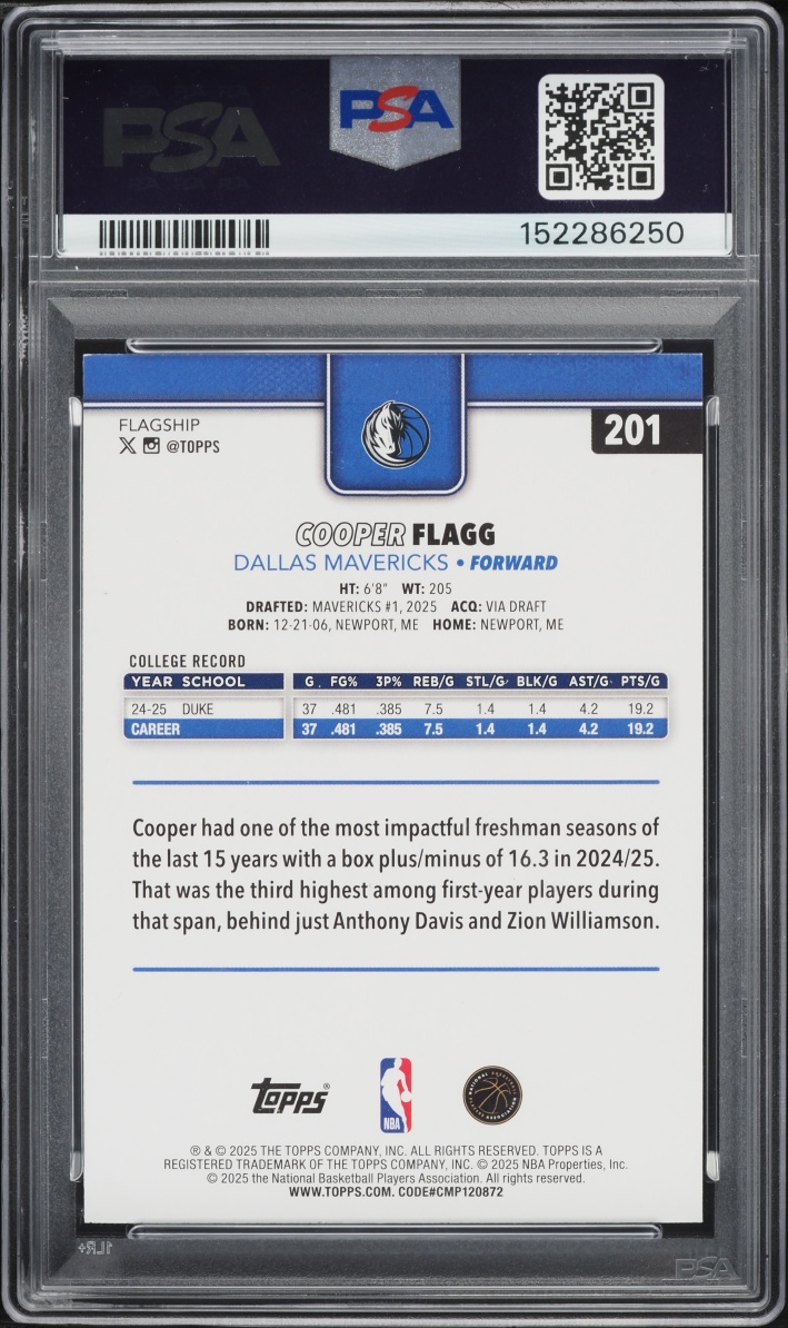 2025 Topps Holo Foil Cooper Flagg ROOKIE #201 PSA 9 MINT