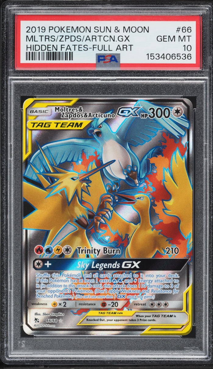 2019 Pokemon Sun & Moon Hidden Fates Full Art Moltres & Zapdos & Articuno GX #66 PSA 10 GEM