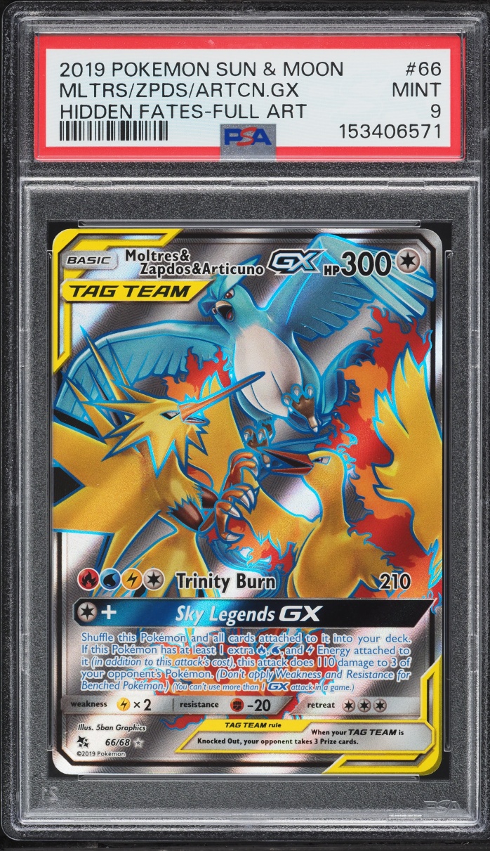 2019 Pokemon Sun & Moon Hidden Fates Full Art Moltres & Zapdos & Articuno GX #66 PSA 9 MINT