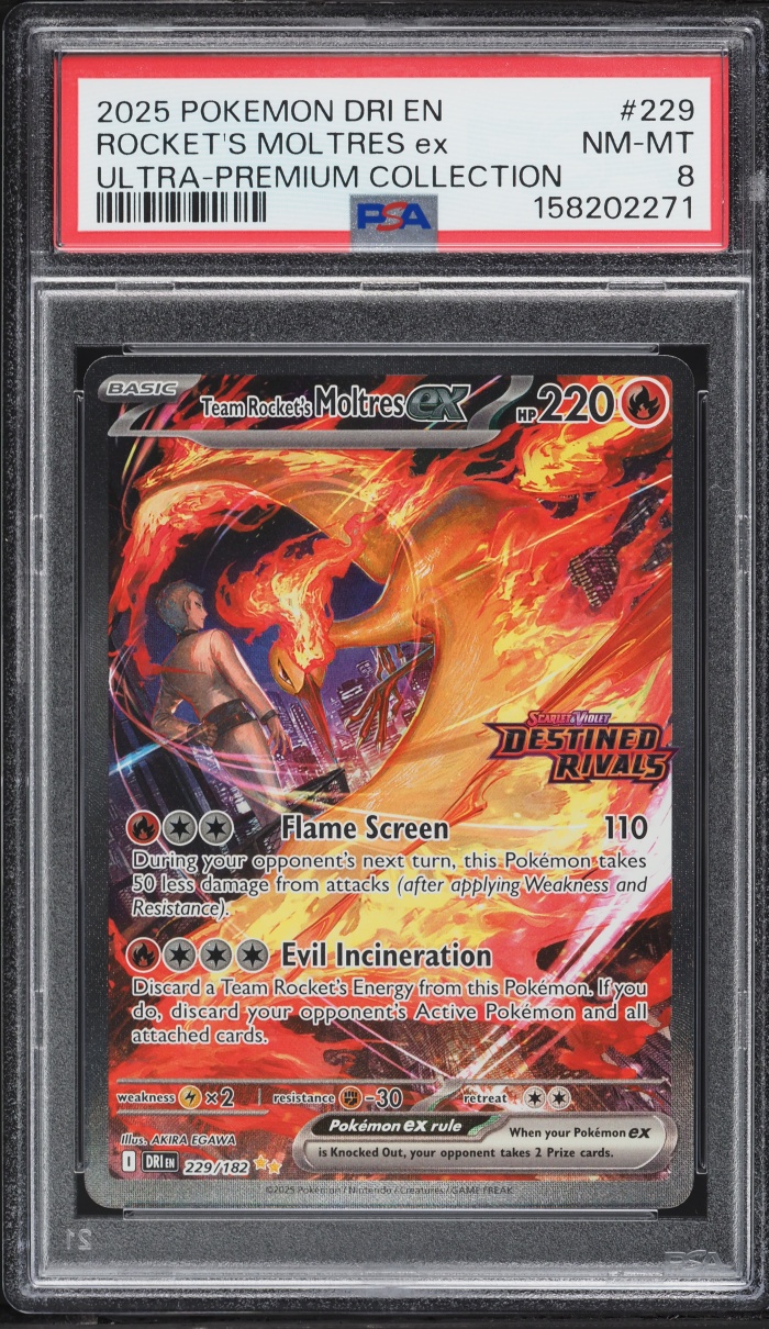 2025 Pokemon SV Destined Rivals Ultra Premium SIR Team Rocket's Moltres Ex #229 PSA 8 NM-MT