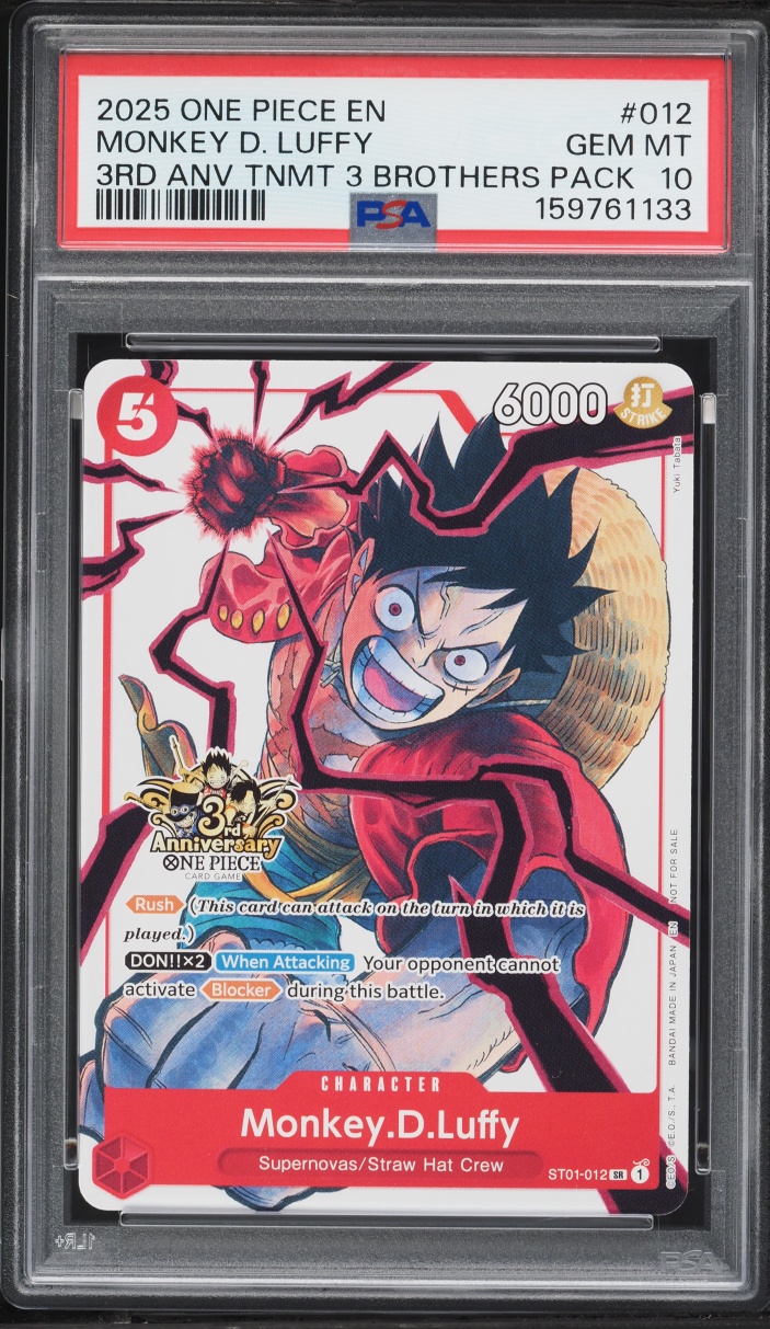 2025 One Piece Promo 3rd Anniversary Tournament 3 Brothers SR Monkey D. Luffy #ST01-012 PSA 10