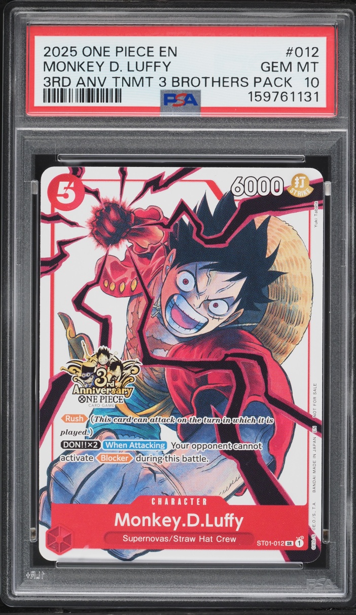2025 One Piece Promo 3rd Anniversary Tournament 3 Brothers SR Monkey D. Luffy #ST01-012 PSA 10