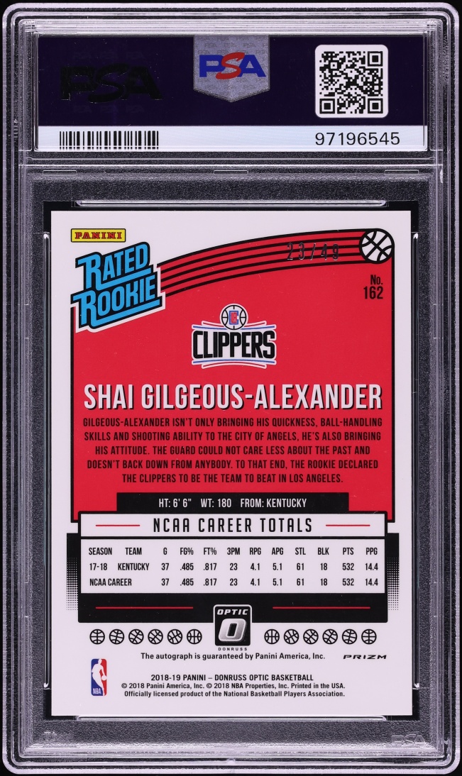 2018 Donruss Optic Blue Shai Gilgeous-Alexander ROOKIE AUTO /49 #162 PSA 10 GEM MINT