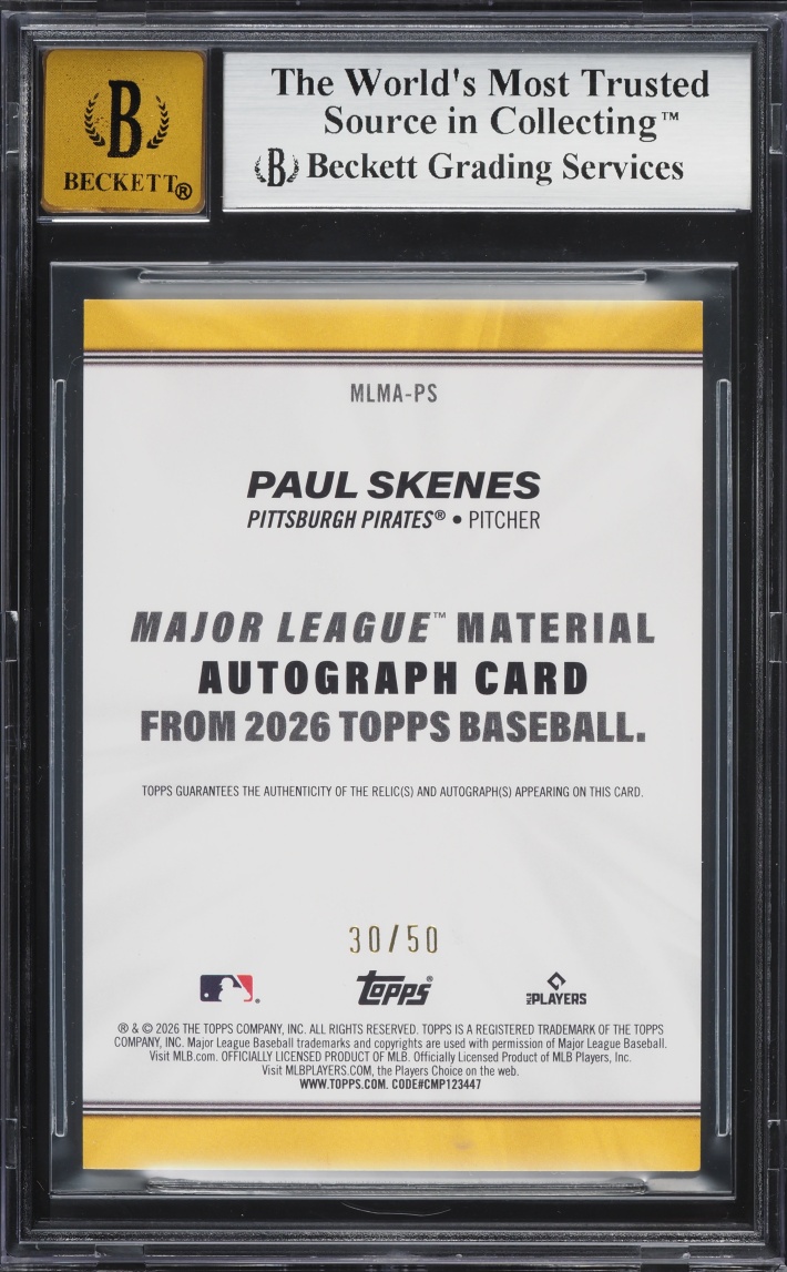 2026 Topps Major League Materials Gold Paul Skenes PATCH AUTO /50 #MLMAPS BGS 8 NM-MT