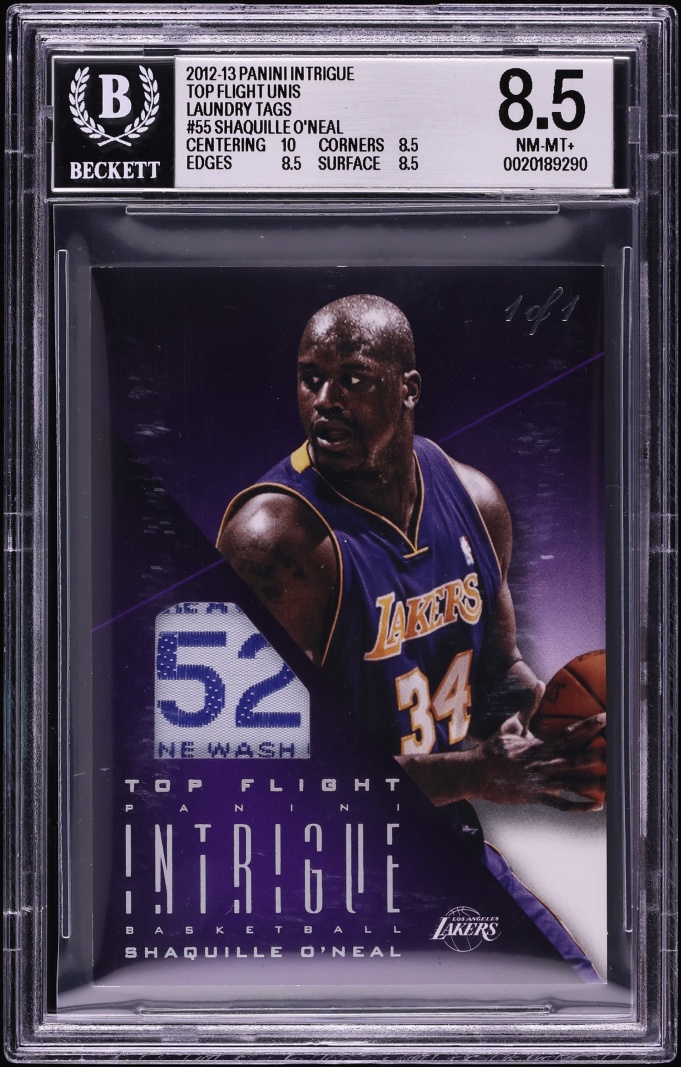 2012 Panini Intrigue Top Flight Unis Laundry Tags Shaquille O'Neal PATCH 1/1 #55 BGS 8.5 NM-MT+