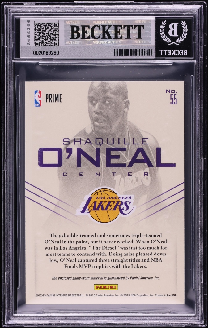 2012 Panini Intrigue Top Flight Unis Laundry Tags Shaquille O'Neal PATCH 1/1 #55 BGS 8.5 NM-MT+