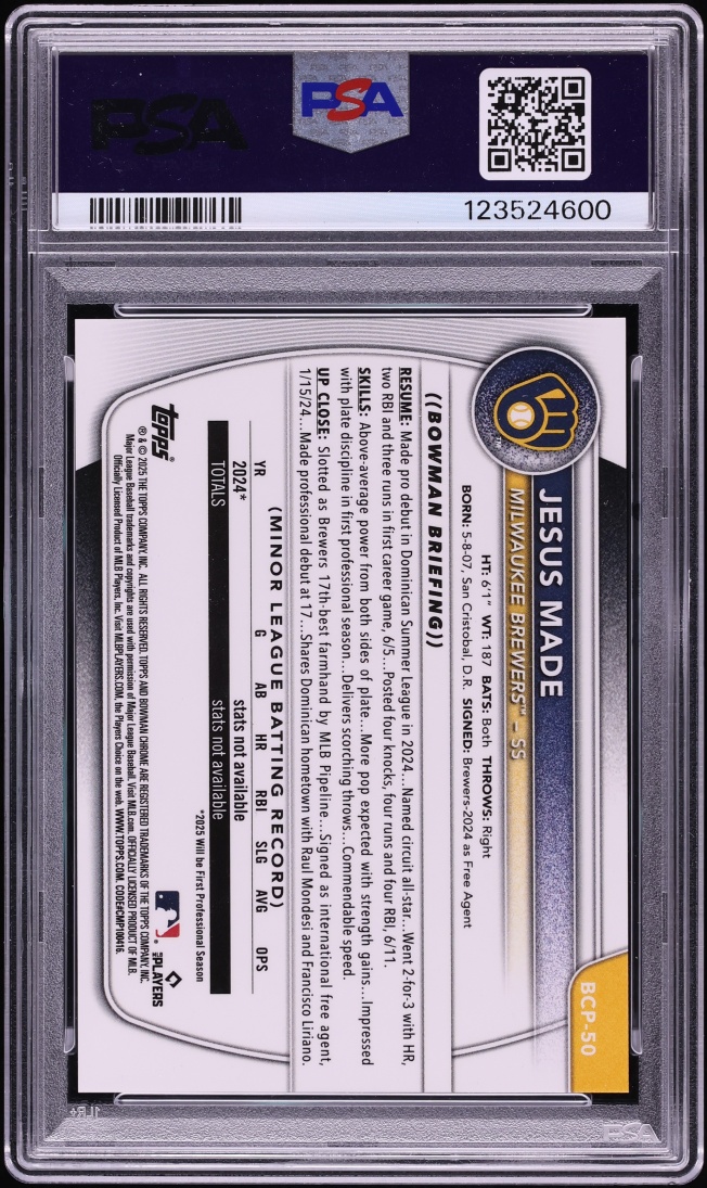 2025 Bowman Chrome Gold Refractor Jesus Made PROSPECT /50 #BCP50 PSA 10 GEM MINT