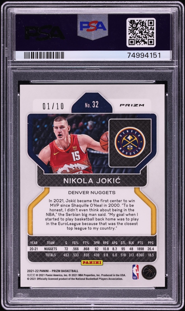2021 Panini Prizm Gold Prizm Nikola Jokic 1/10 #32 PSA 9 MINT