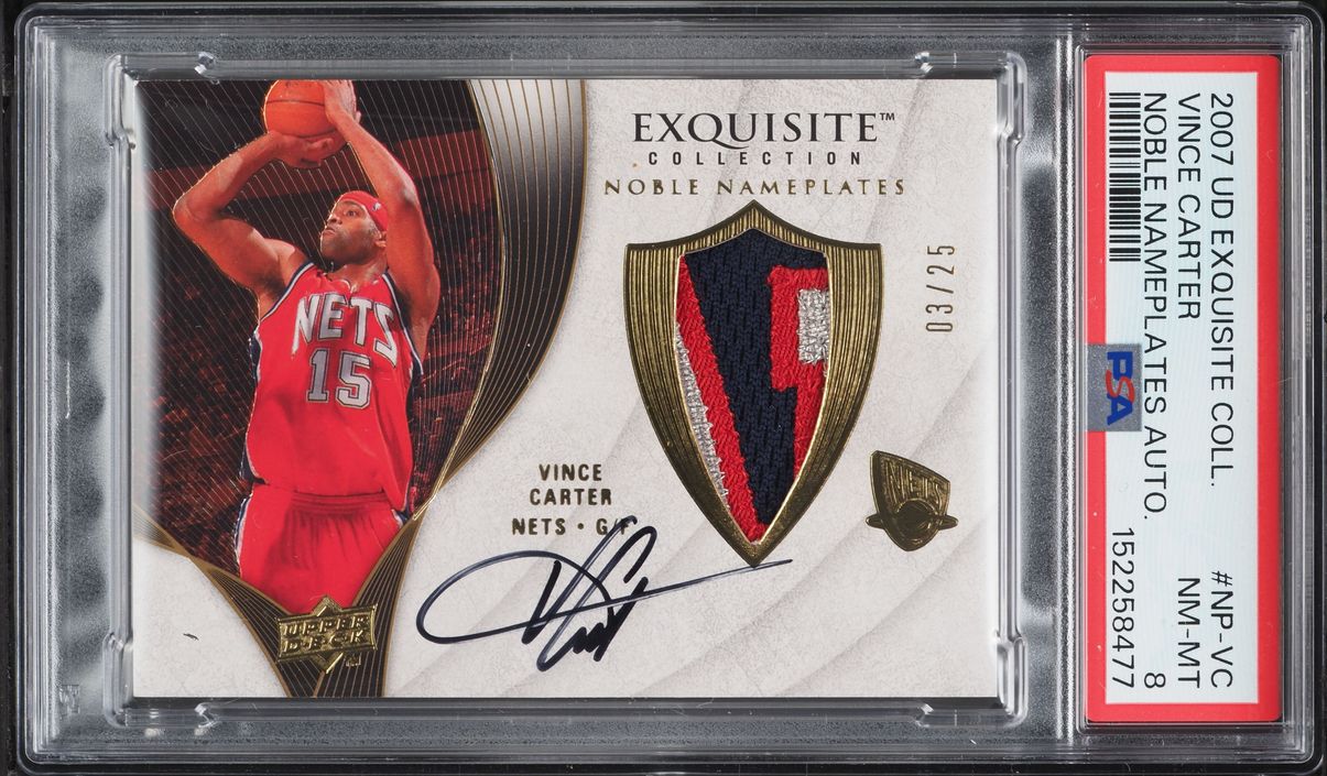 2007 Exquisite Collection Noble Nameplates Vince Carter PATCH AUTO /25 #NP-VC PSA 8 NM-MT