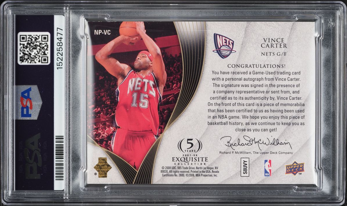 2007 Exquisite Collection Noble Nameplates Vince Carter PATCH AUTO /25 #NP-VC PSA 8 NM-MT