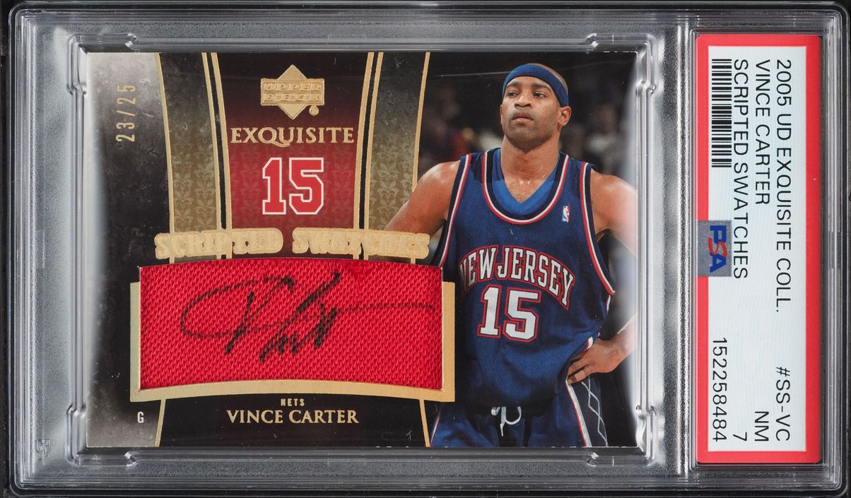 2005 Exquisite Collection Scripted Swatches Vince Carter PATCH AUTO /25 #SS-VC PSA 7 NRMT