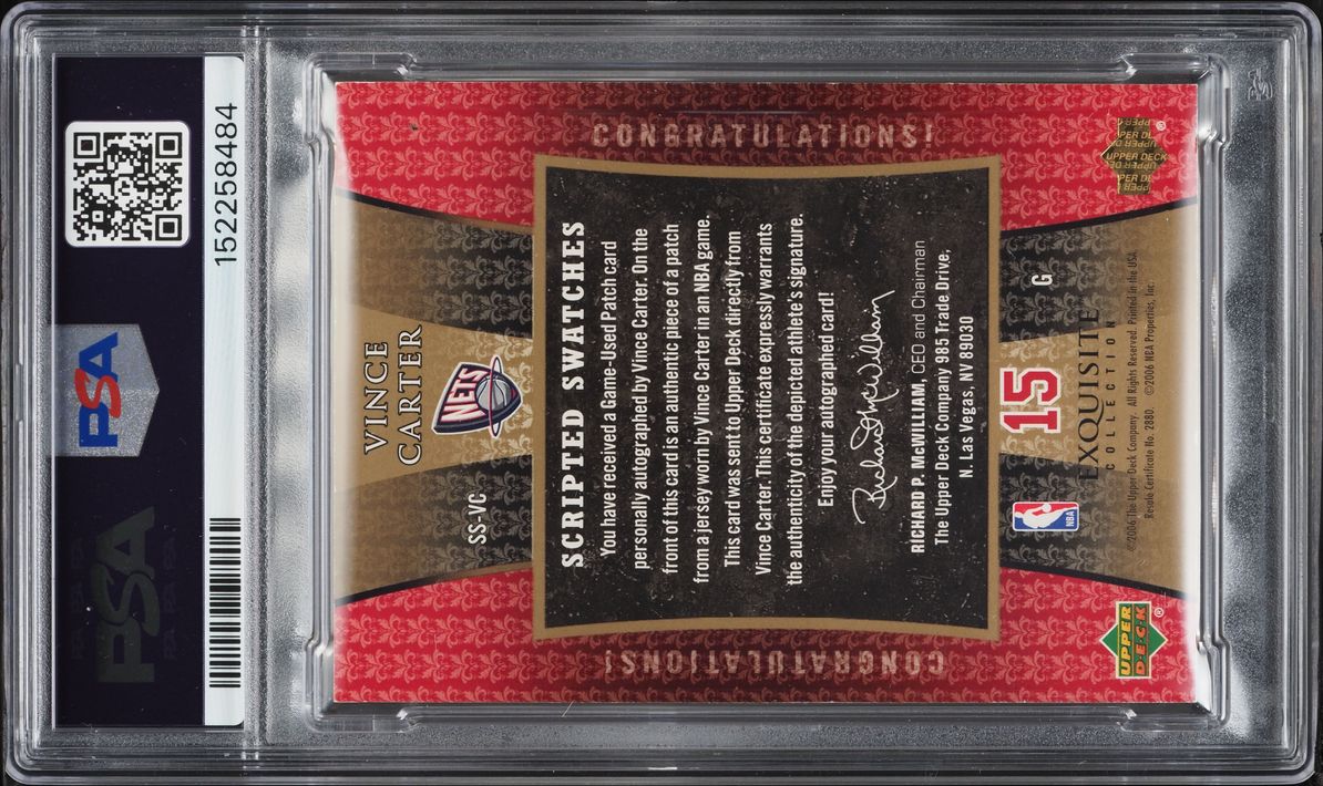2005 Exquisite Collection Scripted Swatches Vince Carter PATCH AUTO /25 #SS-VC PSA 7 NRMT