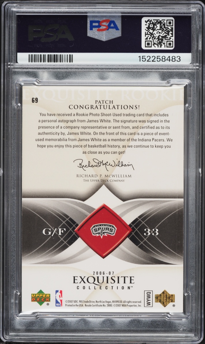 2006 Exquisite Collection James White ROOKIE PATCH AUTO /225 #69 PSA 8 NM-MT