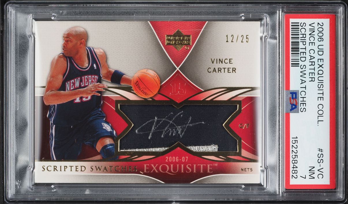 2006 Exquisite Collection Scripted Swatches Vince Carter PATCH AUTO /25 #SS-VC PSA 7 NRMT