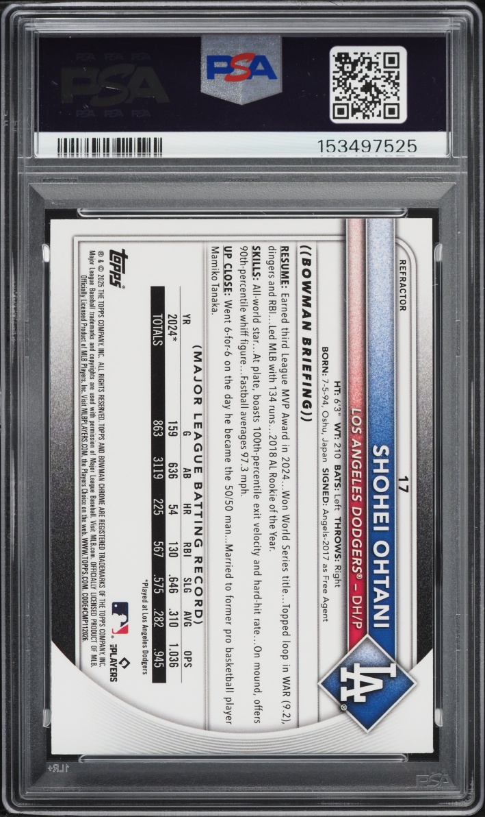 2025 Bowman Chrome Refractor Shohei Ohtani /499 #17 PSA 9 MINT