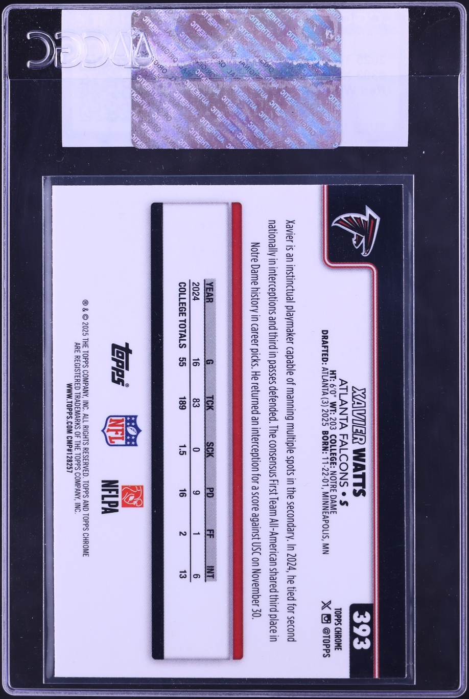 2025 Topps Chrome Red White & Blue Refractor Xavier Watts ROOKIE #393 CGC AUTH