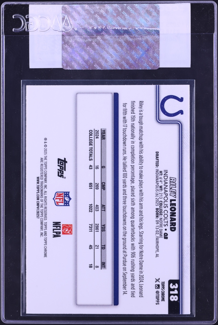 2025 Topps Chrome Football Leather Refractor Riley Leonard ROOKIE #318 CGC AUTH