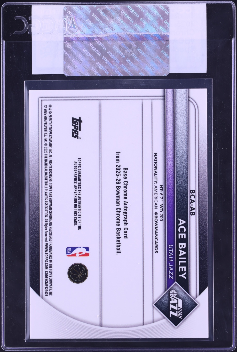 2025 Bowman Chrome Speckle Refractor Ace Bailey ROOKIE AUTO /299 #BCA-AB CGC AUTH