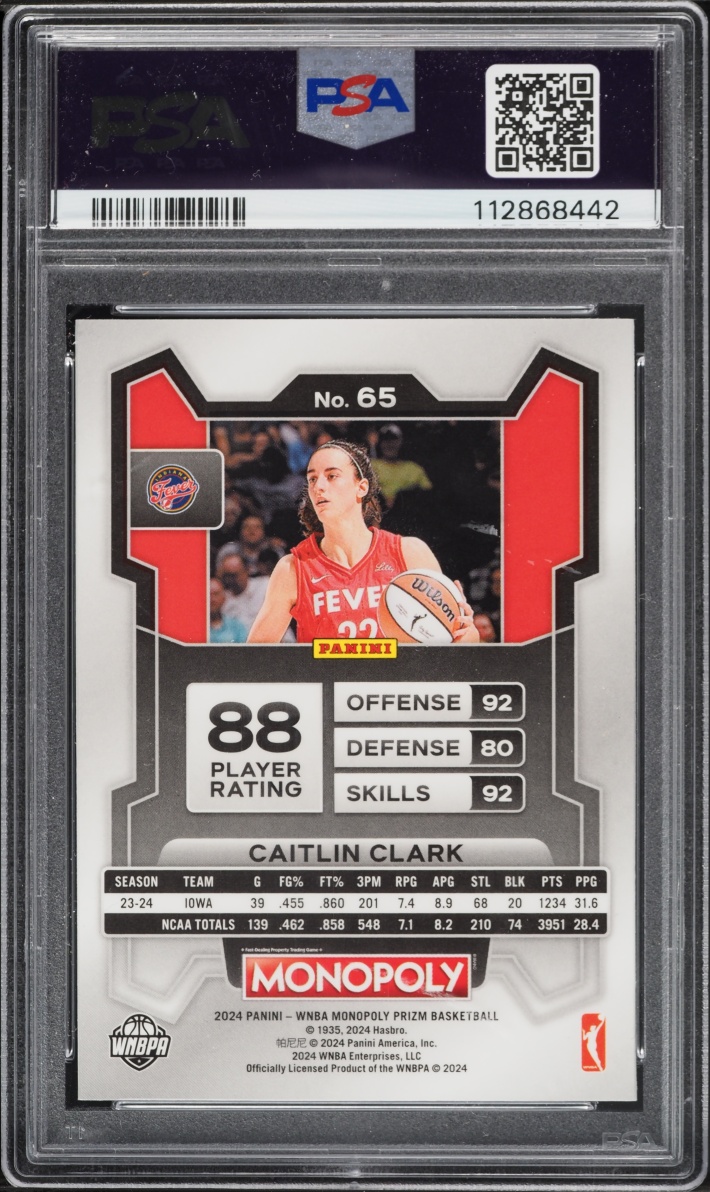 2024 Panini Prizm WNBA Monopoly Caitlin Clark ROOKIE #65 PSA 9 MINT