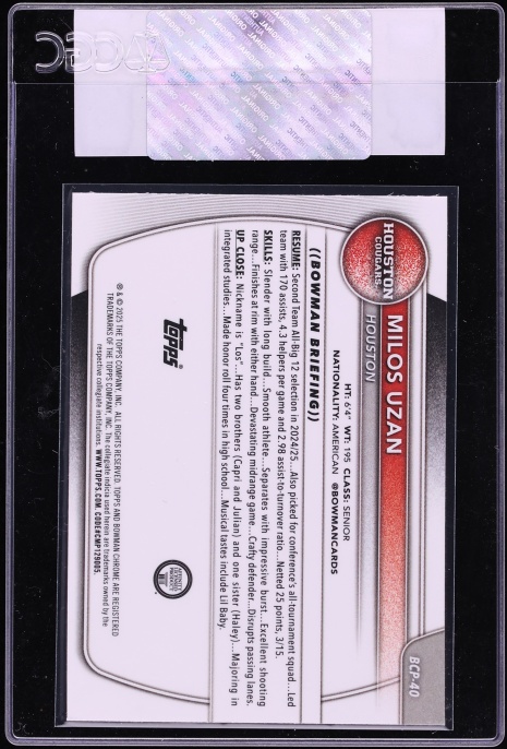 2025 Bowman Chrome University Milos Uzan ROOKIE #BCP-40 CGC AUTH