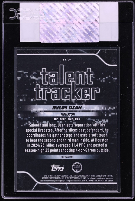2025 Bowman Chrome University Talent Tracker Refractor Milos Uzan ROOKIE #TT-25 CGC AUTH