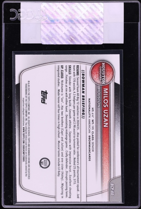 2025 Bowman Chrome University Geometric Refractor Milos Uzan ROOKIE #BCP-40 CGC AUTH