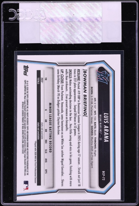 2026 Bowman Chrome Luis Arana PROSPECT #BCP-72 CGC AUTH
