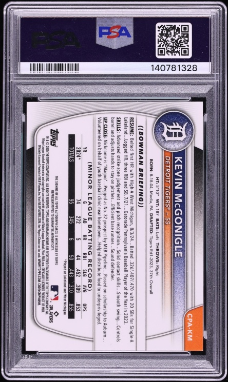 2025 Bowman Chrome Speckle Refractor Kevin McGonigle PROSPECT AUTO /299 #CPA-KM PSA 10 GEM MINT