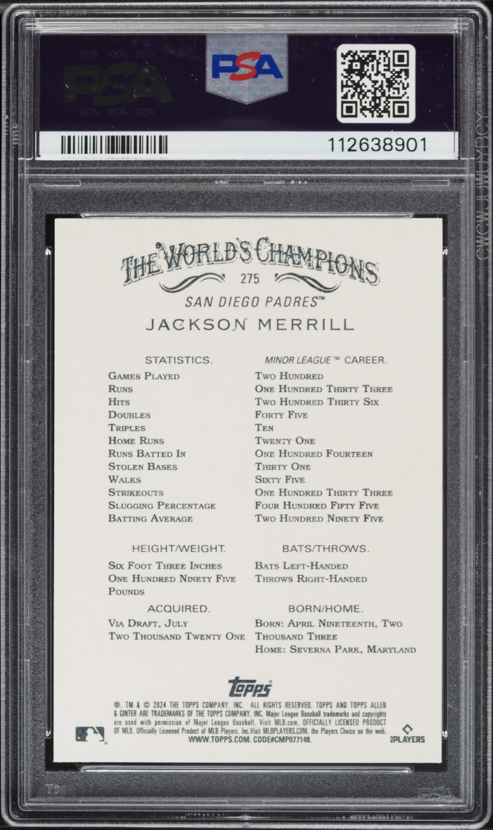 2024 Topps Allen & Ginter Gold Foil Filigree Jackson Merrill ROOKIE /50 #275 PSA 10 GEM MINT