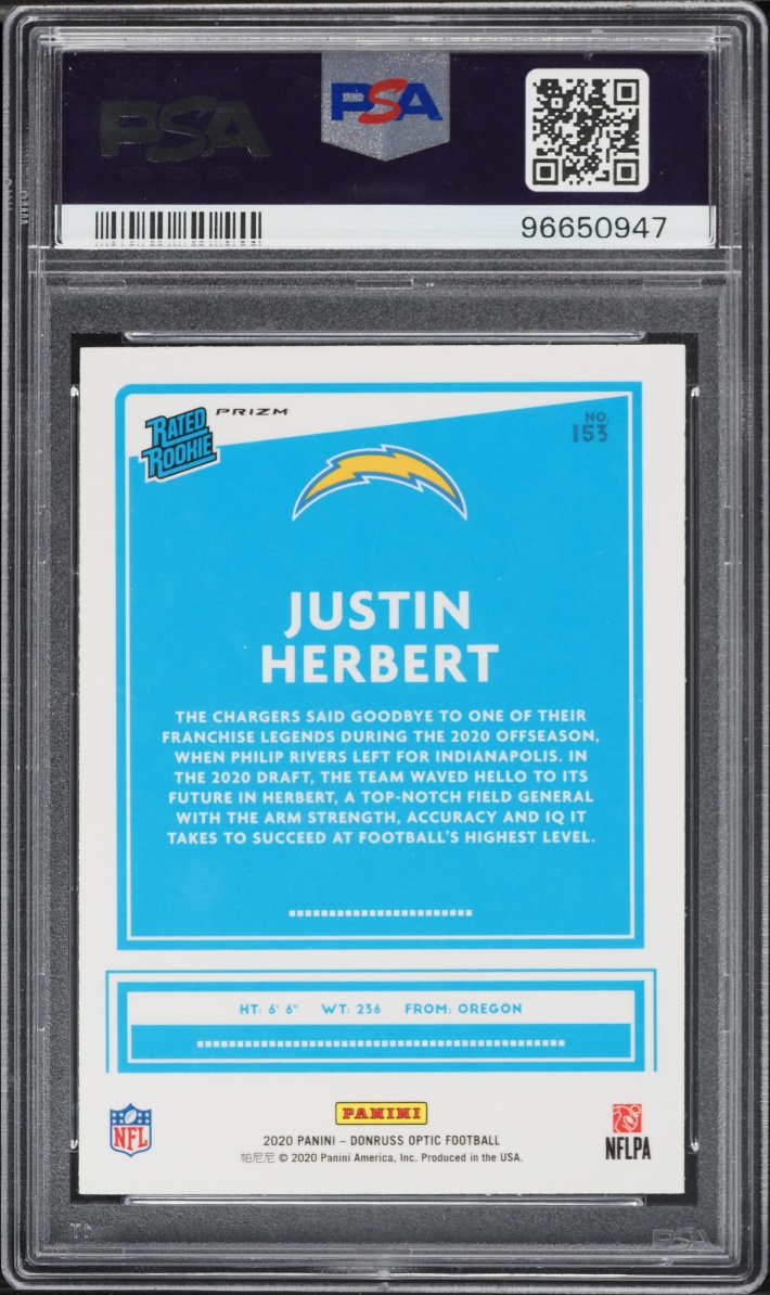 2020 Donruss Optic Blue Scope Prizm Justin Herbert ROOKIE #153 PSA 10 GEM MINT