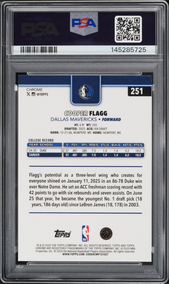 2025 Topps Chrome Cooper Flagg ROOKIE #251 PSA 9 MINT