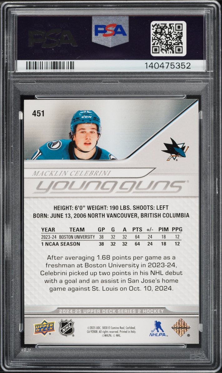 2024 Upper Deck Young Guns Macklin Celebrini ROOKIE #451 PSA 10 GEM MINT