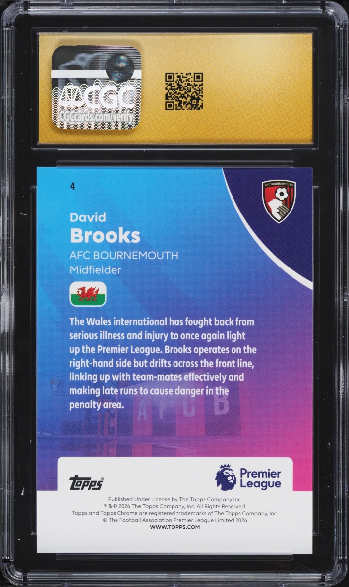 2025 Topps Chrome Premier League Yellow Raywave Refractor David Brooks /275 #4 CGC 10 PRISTINE