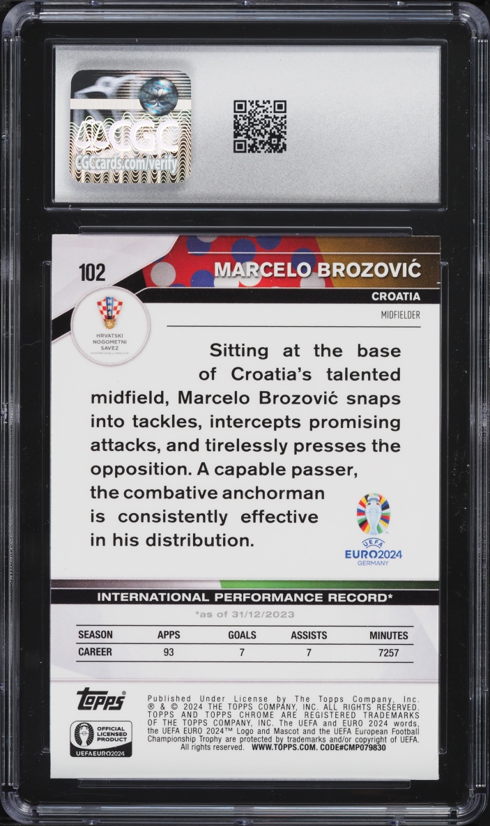 2024 Topps Chrome UEFA Euro Purple Lava Refractor Marcelo Brozovic /175 #102 CGC 9 MINT
