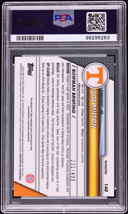 2023 Bowman Chrome University Refractor Joe Milton ROOKIE AUTO /499 #148 PSA 10 GEM MINT