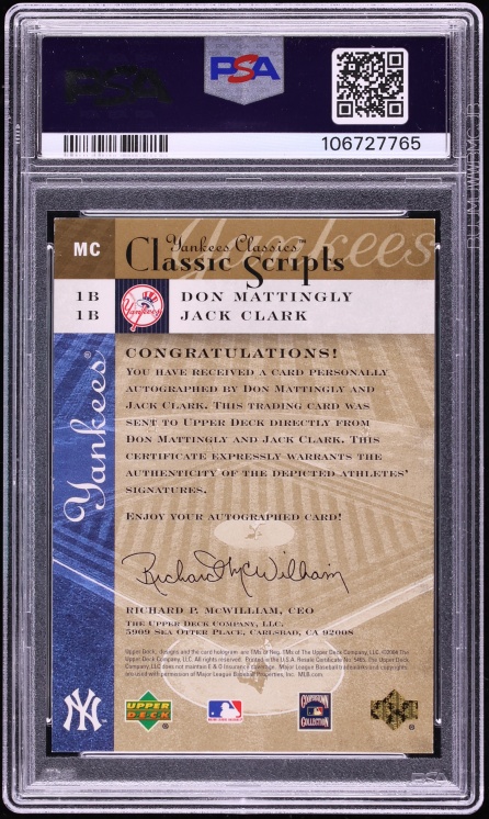 2004 Upper Deck Yankees Classics Scripts 2 Don Mattingly Jack Clark AUTO /100 #MC PSA 7 NRMT