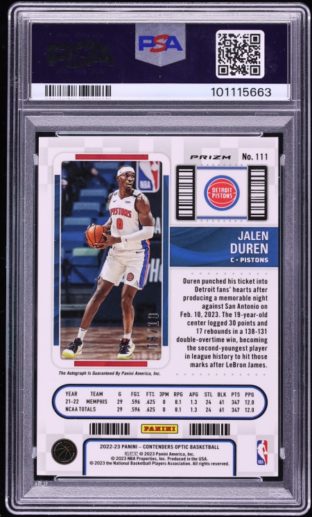 2022 Panini Contenders Optic Gold Wave Jalen Duren ROOKIE AUTO #111 PSA 9 MINT