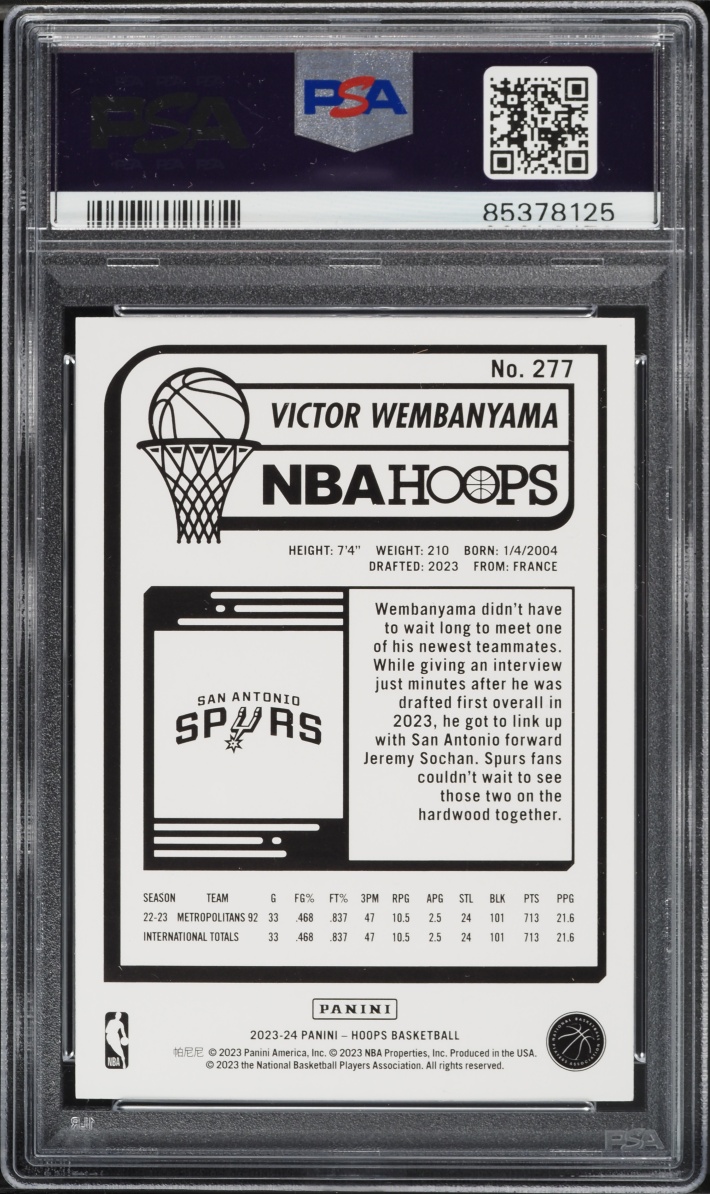 2023 Hoops Victor Wembanyama ROOKIE #277 PSA 10 GEM MINT