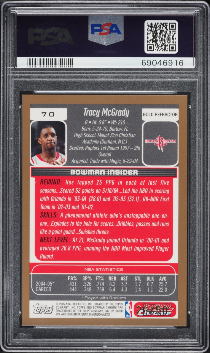 2005 Bowman Chrome Draft Picks & Prospects Gold Ref Tracy McGrady /50 #70 PSA 9 MINT