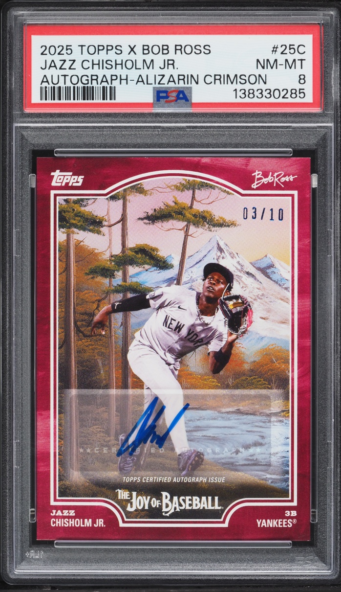 2025 Topps X Bob Ross The Joy Of Baseball Alizarin Crimson Jazz Chisholm Jr. AUTO /10 PSA 8