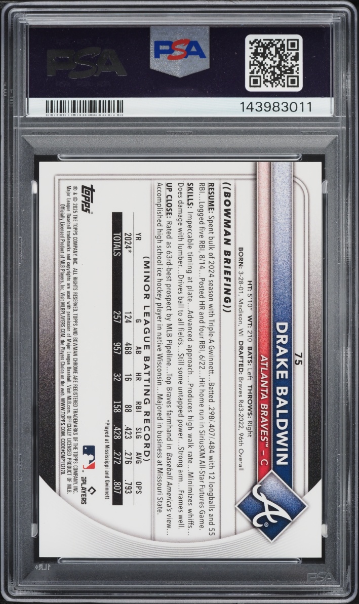 2025 Bowman Chrome Etched In Glass Variation Drake Baldwin ROOKIE #75 PSA 10 GEM MINT