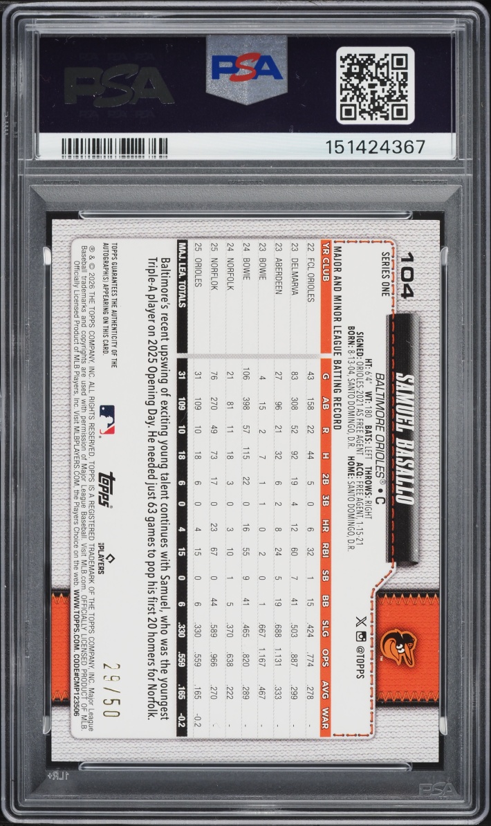 2026 Topps Gold Foil Samuel Basallo ROOKIE AUTO /50 #104 PSA 10 GEM MINT