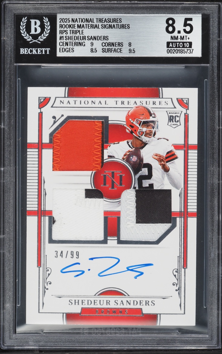 2025 National Treasures Rps Triple Shedeur Sanders ROOKIE PATCH AUTO /99 #1 BGS 8.5 NM-MT+