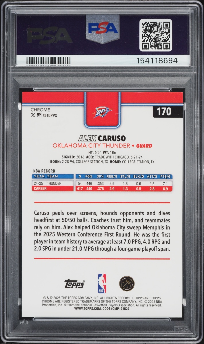 2025 Topps Chrome Gold Basketball Refractor Alex Caruso /50 #170 PSA 9 MINT