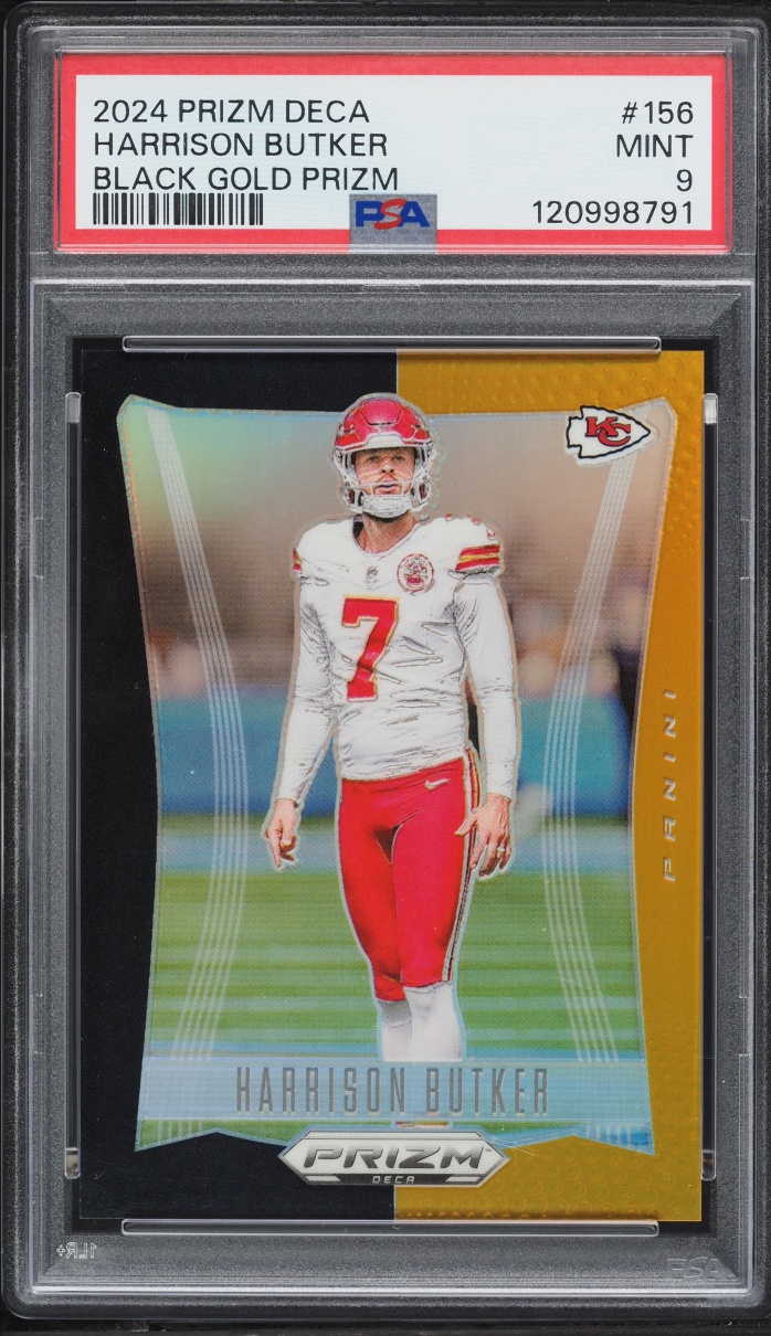 2024 Panini Prizm Deca Black Gold Prizm Harrison Butker /5 #156 PSA 9 MINT