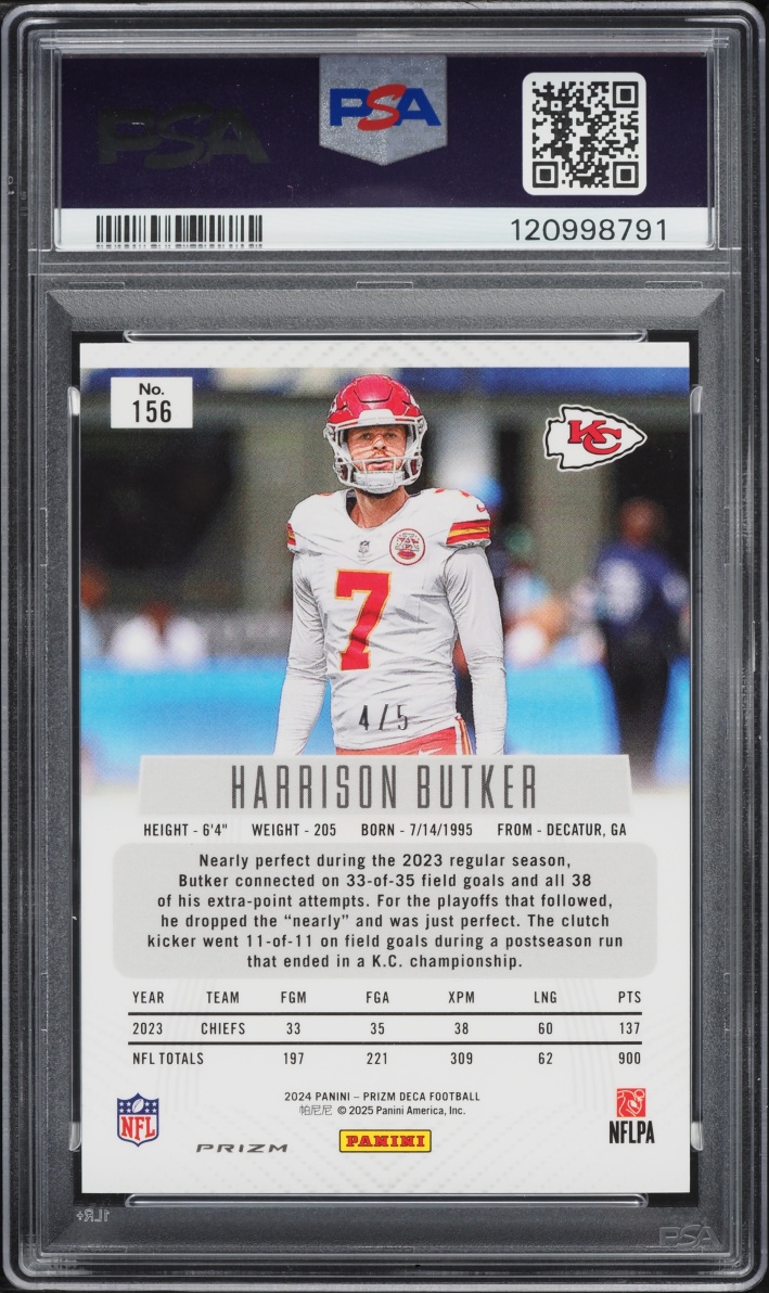 2024 Panini Prizm Deca Black Gold Prizm Harrison Butker /5 #156 PSA 9 MINT